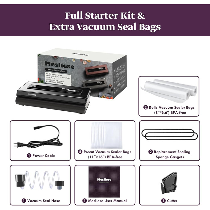 Вакууматор для продуктів Mesliese 6-в-1, потужність 90 кПа, компактний вакуумний пакувальник з різаком, режимами для сухих та вологих продуктів, набором пакетів (Темно-сірий)