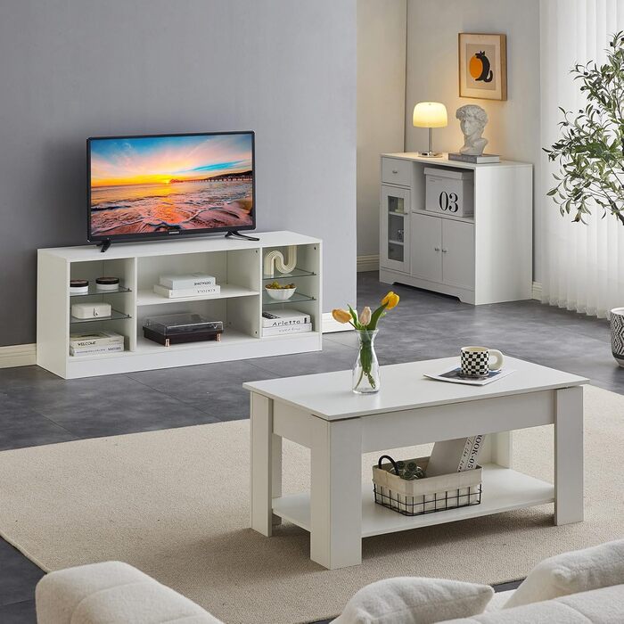 Тумба під телевізор CLIPOP Hochglanz Weiß з LED-підсвіткою, 130x34x57 см - ТВ тумба з скляною полицею для вітальні