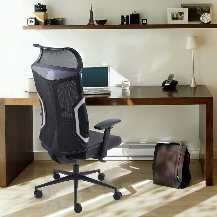 Ігровий крісло Dowinx для офісу та дому: ергономічне, з 3D підлокітниками, функцією гойдання, шкіряне, поворотне, чорно-сіре