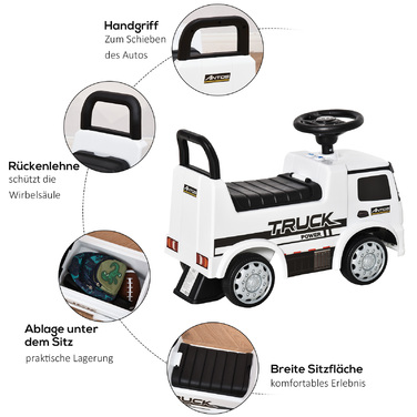 Машинка-каталка Mercedes ANTOS: ліцензована іграшка для дітей 12-36 місяців. Стиль вантажного автомобіля ANTOS, з підсвіткою. Виготовлена з металу та PP-пластику. Колір: білий+чорний. Розміри: 62,5 x 28,5 x 45 см.