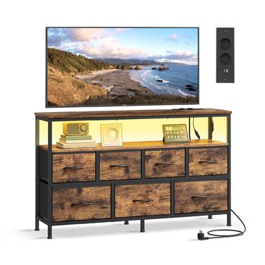 SONGMICS BELLAH: Комод, шафа, LED-підсвічування, тумба з зарядкою, індустріальний стиль, вінтажний коричневий + чорний, 7 ящиків, LGS723KD01