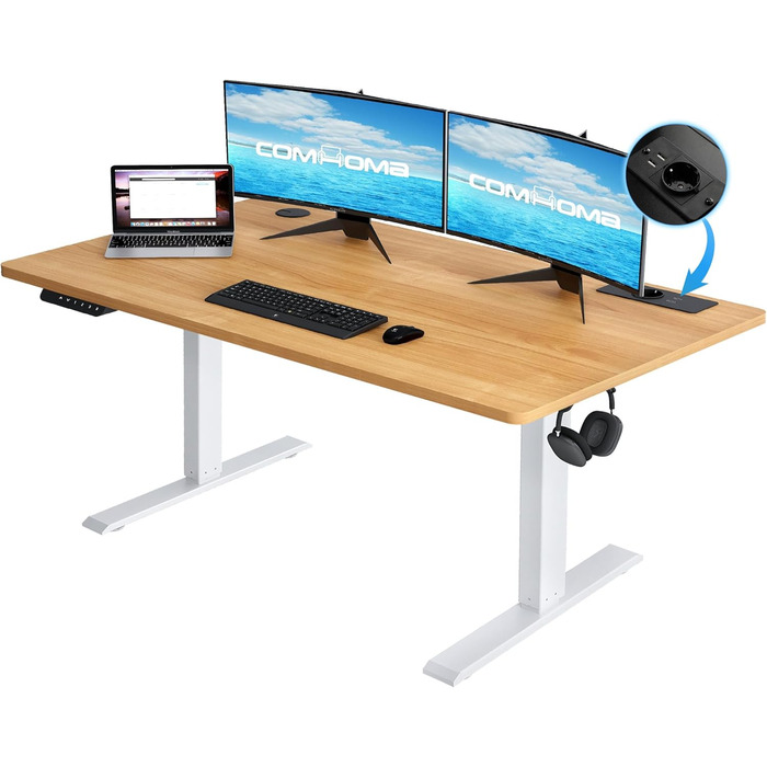 COMHOMA Стол для роботи з регулюванням висоти 160x70 см з USB-роз'ємом та гачками, Електричний стіл для комп'ютера, Стол для стоячи-сидячи, коричневий
