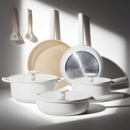 Набір посуду JEETEE 17 предметів з антипригарним покриттям Ceramic, знімні ручки. Каструлі 16/20/24 см, сковороди 24/28 см, глибока сковорода 28 см. Підходить для всіх типів плит, духовка, 17 предметів, бежевий