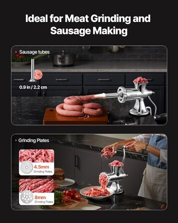 М'ясорубка ручна VEVOR 304 нержавіюча сталь, диски 4.5/8 мм, для фаршу, ковбас, овочів - срібляста