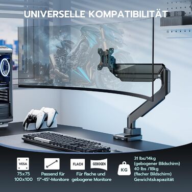 Кріплення для монітора ARES WING з USB A/C, 17'-45', регулювання висоти, максимальне навантаження 18 кг, VESA 75/100 мм, білий (чорний)