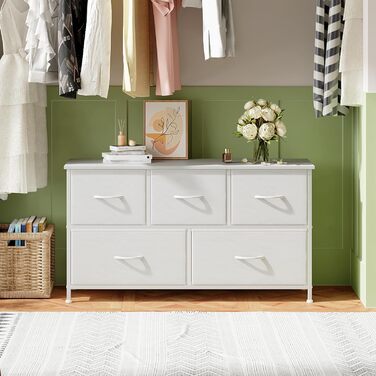 Тумбочка з шухлядами Somdot, тканинна тумбочка, біла тумбочка для спальні, вітальні, прихожої, 5 шухляд, 30x100x52.5 см