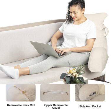 Лежак для читання в ліжко/крісло, подушка для спини з кишенями, для дорослих, для відпочинку, читання, перегляду телевізора, ігор (Бежевий)