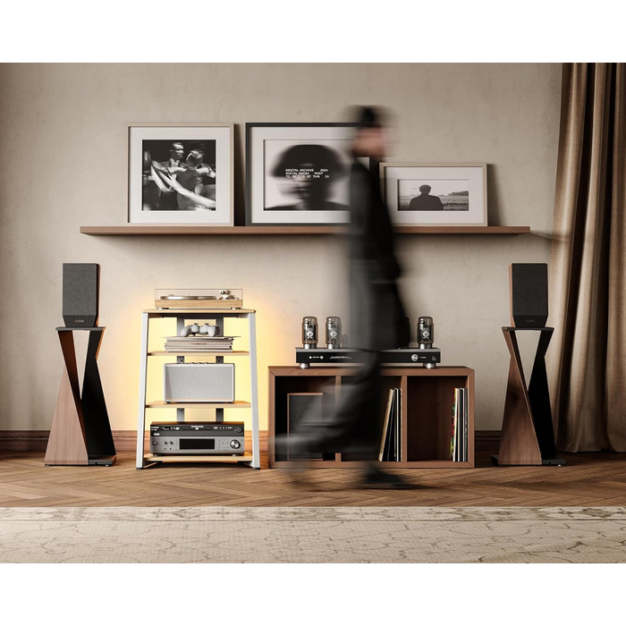FITUEYES СТЕЛЖ HI-FI РЕГІАЛ з LED-підсвіткою та розетками для програвачів та стереосистем, 61 x 52 x 78 см