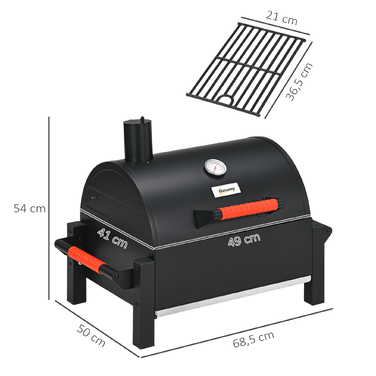 Grill Outsunny з дерев’яною рамою, настільний гриль з решіткою, кошом для вугілля, гриль для кемпінгу з кришкою, ручкою, термометром, настільний гриль для пікніка, саду, чорного кольору, 68,5 x 50 x 54 см | Aosom