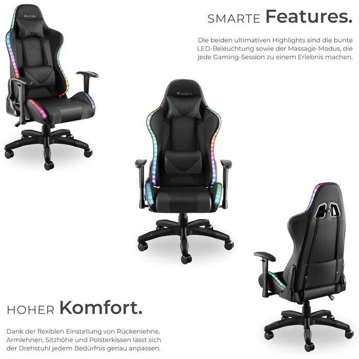 Ігровий крісло Tectake з масажем та LED-підсвіткою, чорний колір. Ергономічний офісний стіл для ігор, крісло для робочого кабінету.