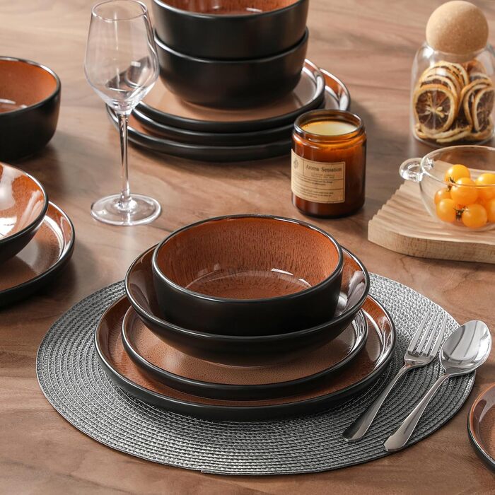 Набір посуду Vancasso AMBER 12 осіб, 48 предметів: тарілки обідні, десертні, супові, миски, червоний, реактивна глазур, для посудомийної машини