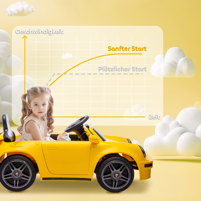 Дитячий електромобіль, 12V, з дистанційним керуванням, м'який старт, MP3-плеєр, світлодіодні ліхтарі, звуковий сигнал, індикатор заряду батареї, жовтий