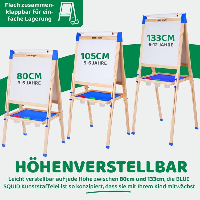 Дитяча мольберт Blue Squid Kinder Staffelei - регульована висота, двосторонній, з крейдяною та магнітною дошками, рулон паперу, 100+ аксесуарів, для дітей 3-12 років, преміум-якість 2025