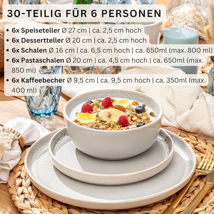Набір посуду SÄNGER Kreta 30 предметів: тарілки, чашки, миски, для 6 осіб, блакитний, з кремовим, стійкий до подряпин, придатний для миття в посудомийній машині та використання в мікрохвильовій печі