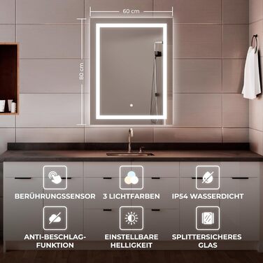 Дзеркало для ванної кімнати BR Bringer LED з підсвічуванням, 60x80 см, антизапарник, диммування, 3 кольори світла, сенсорне управління, функція пам'яті (BRS102)