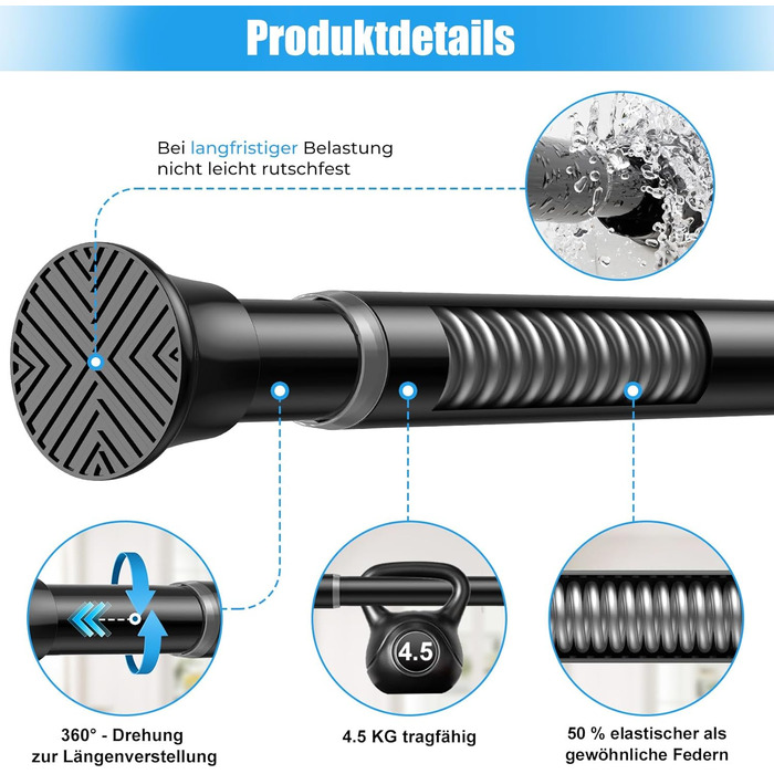 Набір з 2 штук штанги для карниза без свердління, 76-165 см. Підходить для душу, вікна, кухні, шафи. Чорний колір.