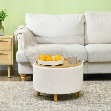 HOMCOM Ottoman Ø56 x 42 см, круглий пуф з місцем для зберігання та відкидною кришкою, дерев'яні ніжки, ідеально підходить для вітальні та спальні, білий