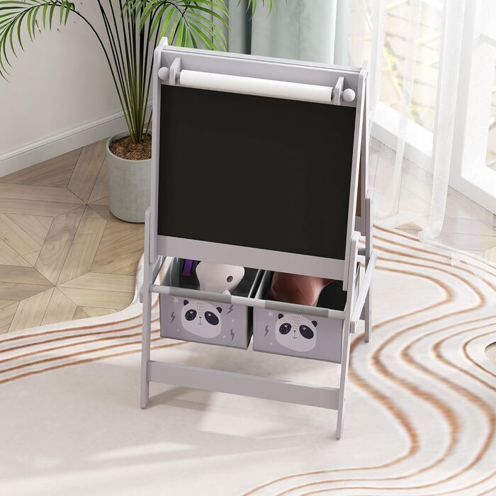Дитяча мольберт AIYAPLAY 3 в 1 з рулоном паперу, дошка для малювання, whiteboard, кошики для зберігання, сірий