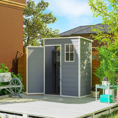 Сарай для інструментів Outsunny з пластику, 1,14 м², 151 x 92 x 193 см, з похилим дахом, підлогою та вікном, сірого кольору