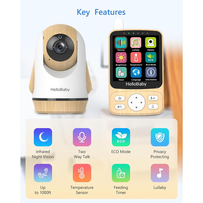 Радіоняня HelloBaby з камерою, 29 годин роботи, монітор для немовлят з поворотним механізмом, нічна зйомка, двосторонній зв'язок (HB6340)
