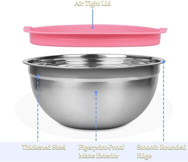Набір місок для перемішування, 5 шт. з нержавіючої сталі, салатник з кришкою для кухні, приготування їжі, випічки, з 6 мірних ложок та вінчиком