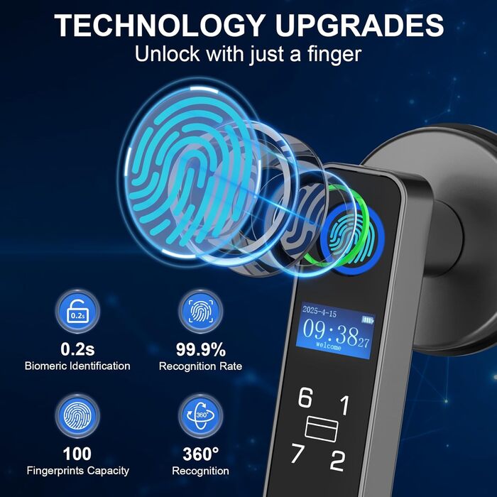 eLinkSmart Замок для дверей з відбитком пальця, RFID-карта, NFC, Smart-ручка, цифровий, без ключа, з клавіатурою, режим приватності для спальні, eSmartLock App, чорний