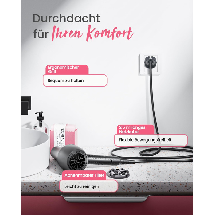 Професійний іонний фен для волосся Dekuri з диффузором та 2 насадками-концентраторами, 3 температурні та 2 швидкісні режими, чорний