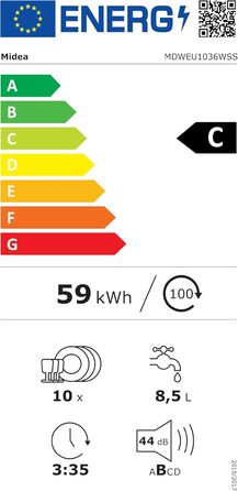 Посудомийна машина Midea SV 5.14K10C, 45 см, 10 комплектів, вбудована, WIFI, 8 програм, 44 дБ, автоматичне відкриття дверцят, таймер затримки 0-24 год, Inox