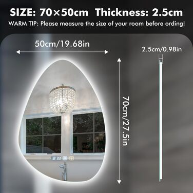 Круглий дзеркало для ванної кімнати з підсвічуванням, 60 см, антизапар, LED, Bluetooth, сенсорне управління, 3000K-4000K-6500K, регулювання яскравості, HD-загартоване скло, дзеркало для ванної кімнати з підсвічуванням (500x700 мм, краплеподібної форми)