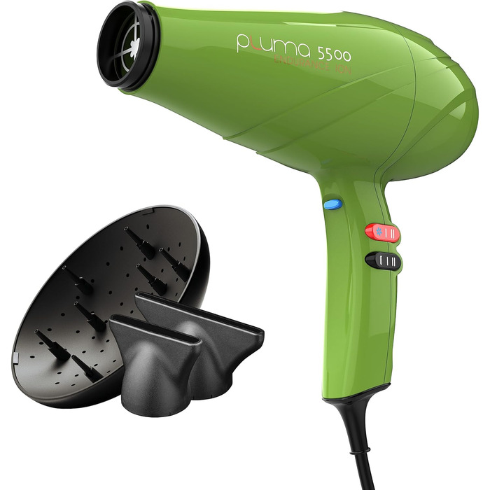 GA.MA Italy Pluma 5500 Endurance Ion: професійний фен з італійським AC-двигуном 2400 Вт, іонізація для блискучого волосся, чорно-зелений