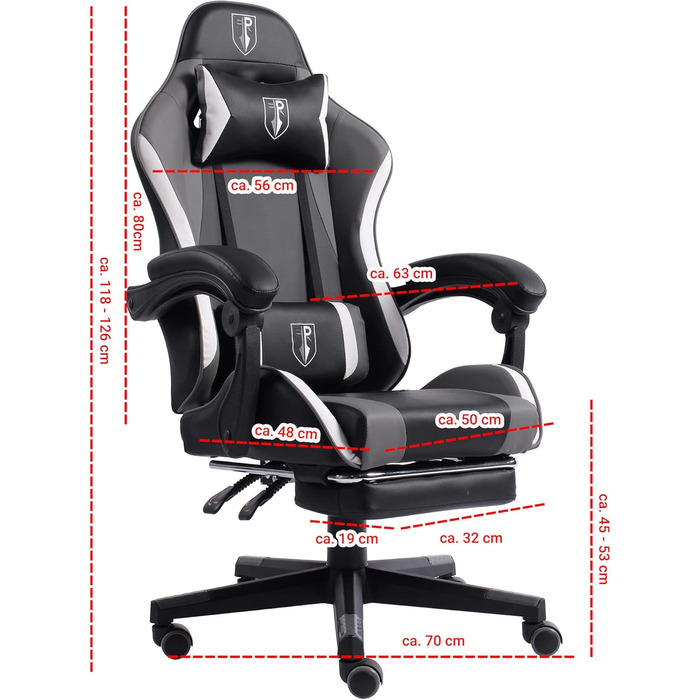 Ігрове крісло Racing Design, ергономічне, шкіряний, м'які підлокітники, підставка для ніг, подушка підтримки, чорний/сіро-білий