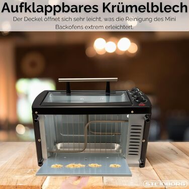 Міні-піч Steinborg® 13 літрів з крихтозбирачем, верхнє та нижнє нагрівання, 1200 Вт, таймер. Ідеально для кемпінгу або дому. Регулювання температури до 230°C