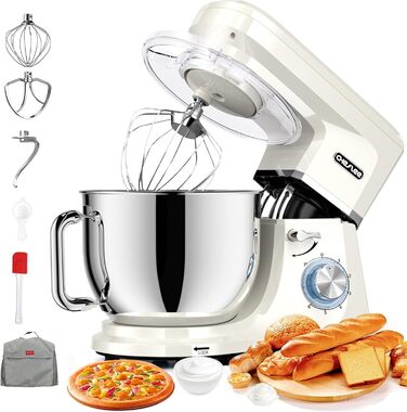 Кухонна машина Cheflee 2000W: потужна планетарна міксер для тіста та збивання, 6 швидкостей, 7.2 л чаша з нержавіючої сталі, гак для тіста та вінчик, захист від бризок (Cream White)