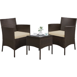 Набір садових меблів Yaheetech з поліротангу для балкона та саду: стіл та 2 крісла з подушками, коричневий
