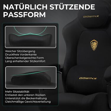 Ігровий крісло Dowinx з масажною поперековою подушкою, регульованою підголівником, потовщеним сидінням, висувною підніжкою, регульованими підлокітниками, мікрофібровим велюром, нахилом 160°, чорне