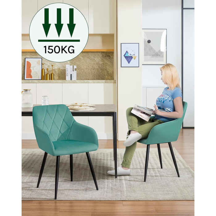 Набір обідніх стільців Woltu з підлокітниками та спинкою, для вітальні, кухні, їдальні. М'які стільці з оксамитовим покриттям, металеві ніжки, (Турквіс, 8 шт.)