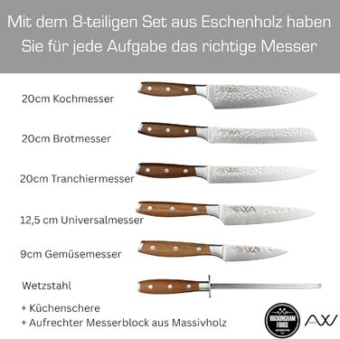 Набір кухонних ножів Rockingham Forge Ashwood 8 предметів з дерев'яною підставкою, точилка та ножиці – професійні ножі з нержавіючої сталі, преміум-якість