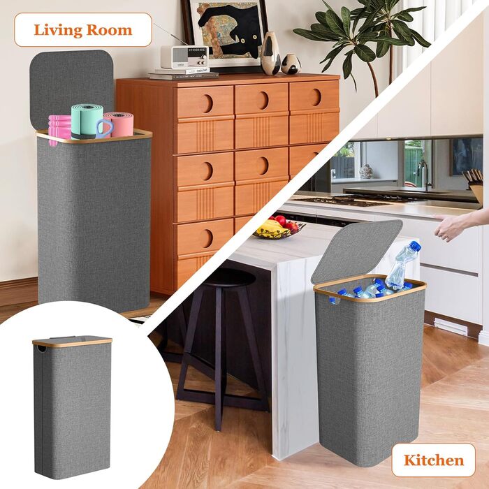 Кошик для білизни з кришкою 70л, вузький, з бамбуковими ручками та внутрішньою кишенею, складний, портативний, для пральні, йоги, темно-сірий 70л