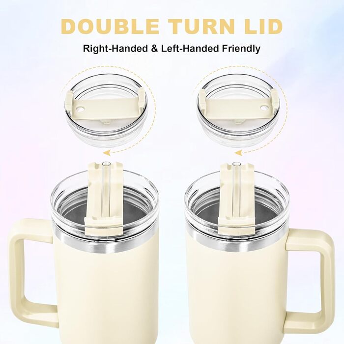 Термокружка FECBK з трубочкою та ручкою, 1.2л, нержавіюча сталь, вакуумна ізоляція, 12 год гаряче / 34 год холодне, Gepard (Бежевий)