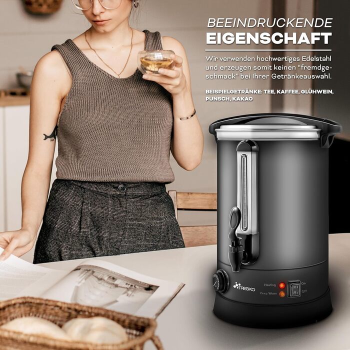 ТресКо® Електричний казанок для глінтвейну на 30 літрів / 2500 Вт з нержавіючої сталі. Електричний нагрівач для глінтвейну, гарячих напоїв та гарячої води. (30 літрів, сірий)
