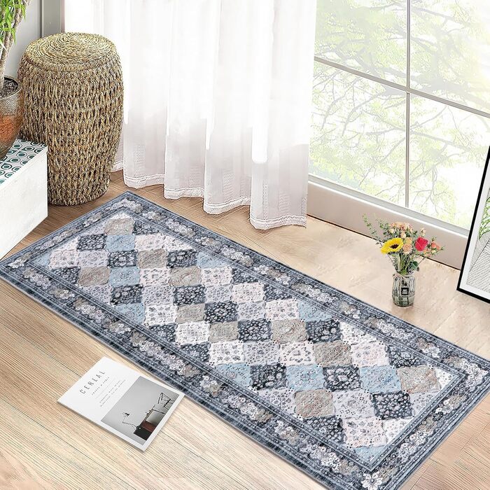 Килим LuxFocus Boho, стійкий до плям, можна прати, не ковзає, з низьким ворсом, 60x230 см, синій