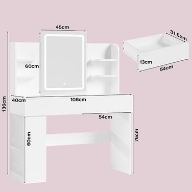 Трюмо Airfish з підсвічуванням 108x40 см: стіл для макіяжу з дзеркалом, 2 шухляди, 3 кольори, регулювання яскравості, для спальні/вітальні (білий)