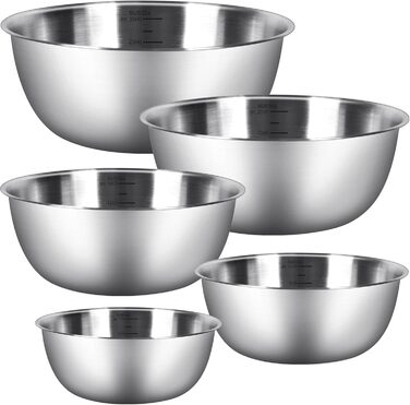 Набір місок для перемішування [5 шт] з нержавіючої сталі, 5 розмірів (0.7 л/ 1.2 л/ 1.8 л/ 2.5 л/ 3.5 л), придатні для миття в посудомийній машині. Салатниці, контейнери для перекусів та миски