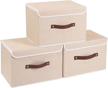 Коробка для зберігання Yawinhe з 3 предметів з кришкою, складна кошик для зберігання одягу з лляної тканини для рушників, книг, іграшок, одягу (38x25x25 см, бежевий)