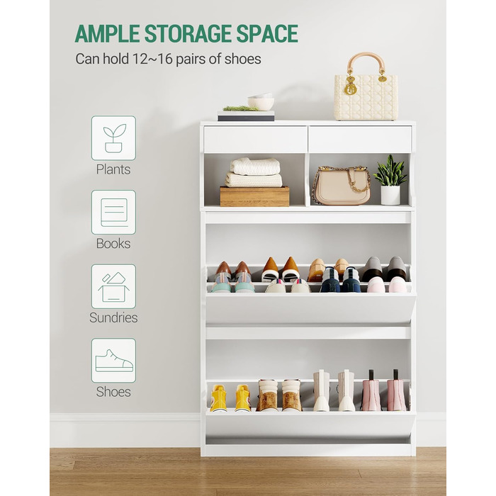 Шафа для взуття Hzuaneri з 2 дверцятами, 4 відділеннями, регульована, на 16 пар, для прихожого, передпокою, гардеробу, біла, 80 x 24.5 x 124.5 см, SR45303X