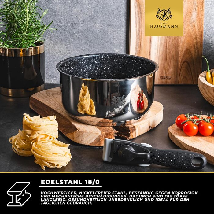 Набір каструль з знімними ручками (3 шт.) з нержавіючої сталі - сумісний з індукційними плитами. Набір каструль, сковорідок та посуду з гранітним покриттям