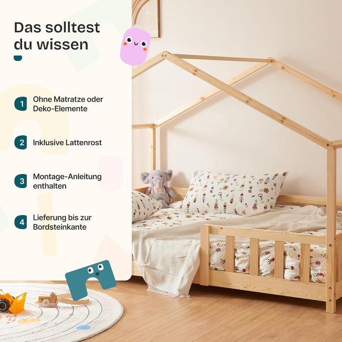 Дитяче ліжко en.casa Treviolo з матрацом, будиночок, ліжко-платформа для дітей, захист від падіння, ліжко Montessori, ігрове ліжко, сосна, білий (дерево, 70 x 140 см)