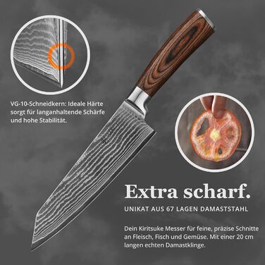 Японський ніж Wakoli EDIB Kiritsuke з дамаської сталі (серцевина VG10), 20 см – професійний кухонний ніж для точних нарізок, з ручкою з паккавуду, у подарунковій коробці (без гравію)