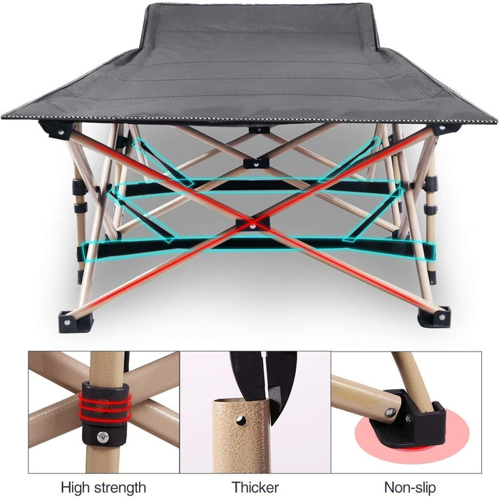 Розкладне кемпінгове ліжко REDCAMP XXL, посилене ліжко для відпочинку (ширина 71 см, навантаження до 226 кг), сіро-чорне