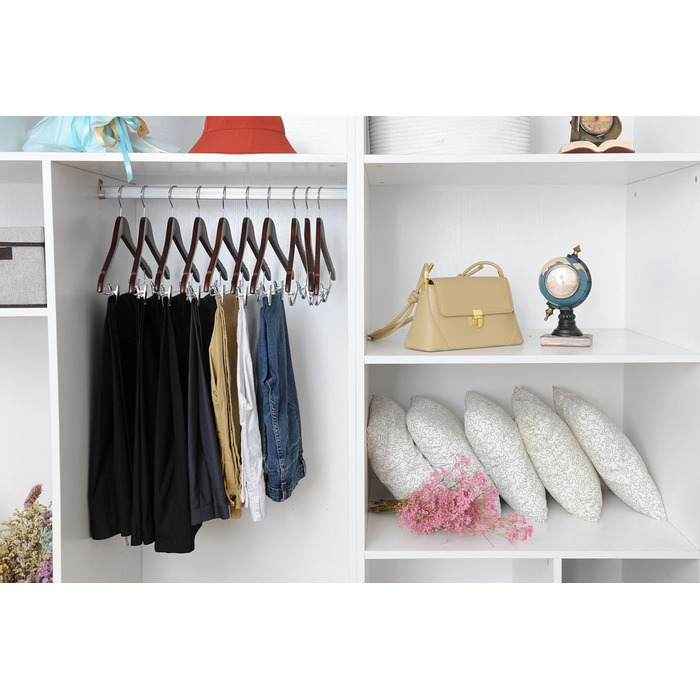 Дерев'яні вішалки для одягу з кліпсами (20 шт.), масивне дерево, вішалка для штанів, регульовані металеві кліпси, поворотний гачок, для пальто, сорочок, костюмів (Волоський горіх - Хромований гачок)